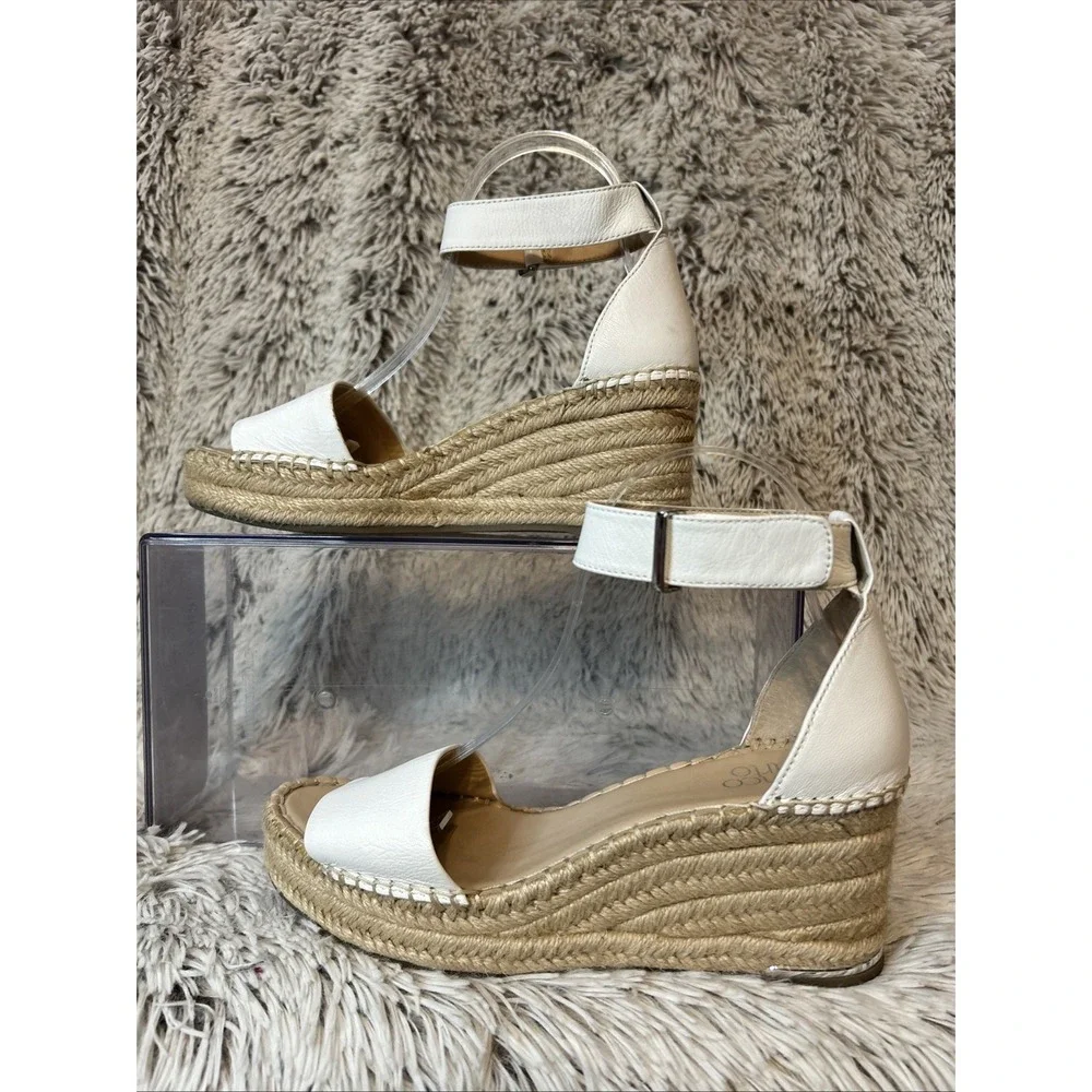 Franco Sarto Clemens White‎ Leather Platform Espadrille Wedge Sandals Size 8.5M